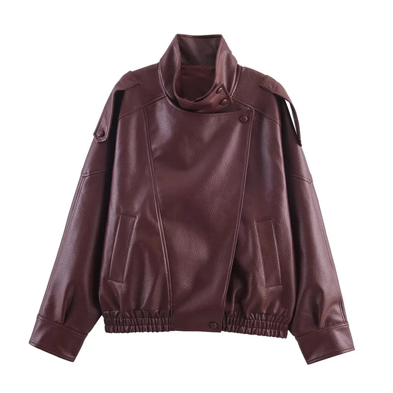 Women's Stand Collar Faux Leather Jacket for Layered Outfits