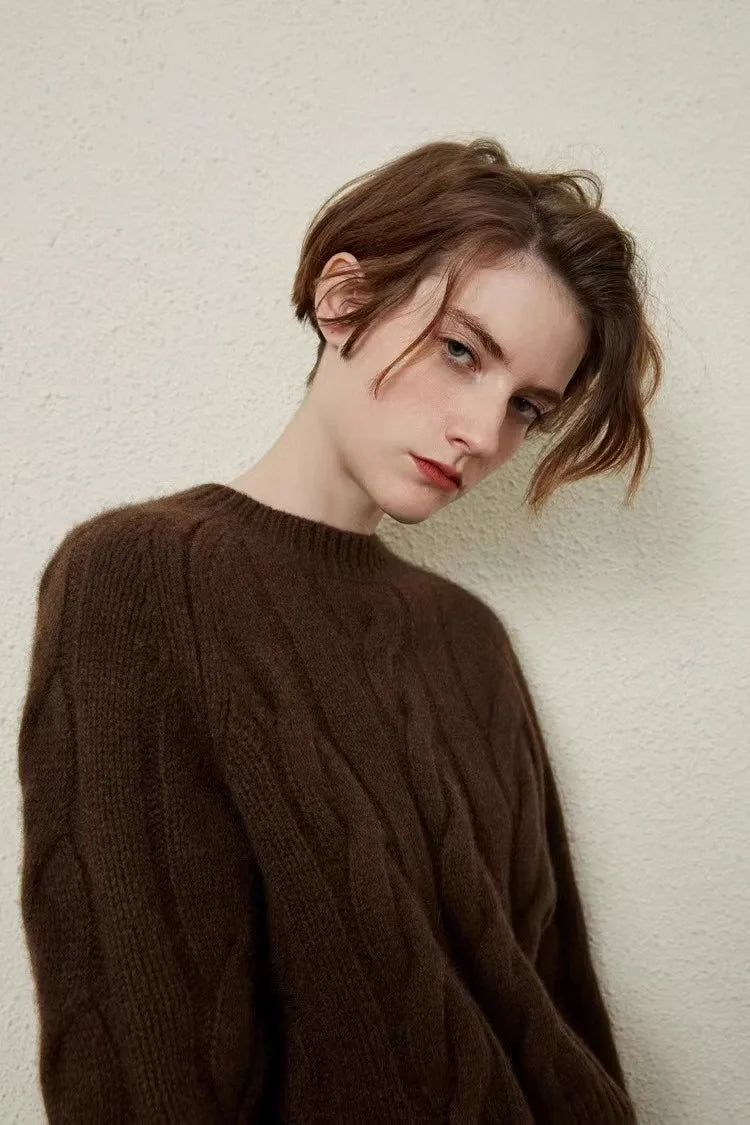 European autumn and winter cashmere sweater women's crewneck twist sweater loose cover to wear pure wool knitted bottom thick