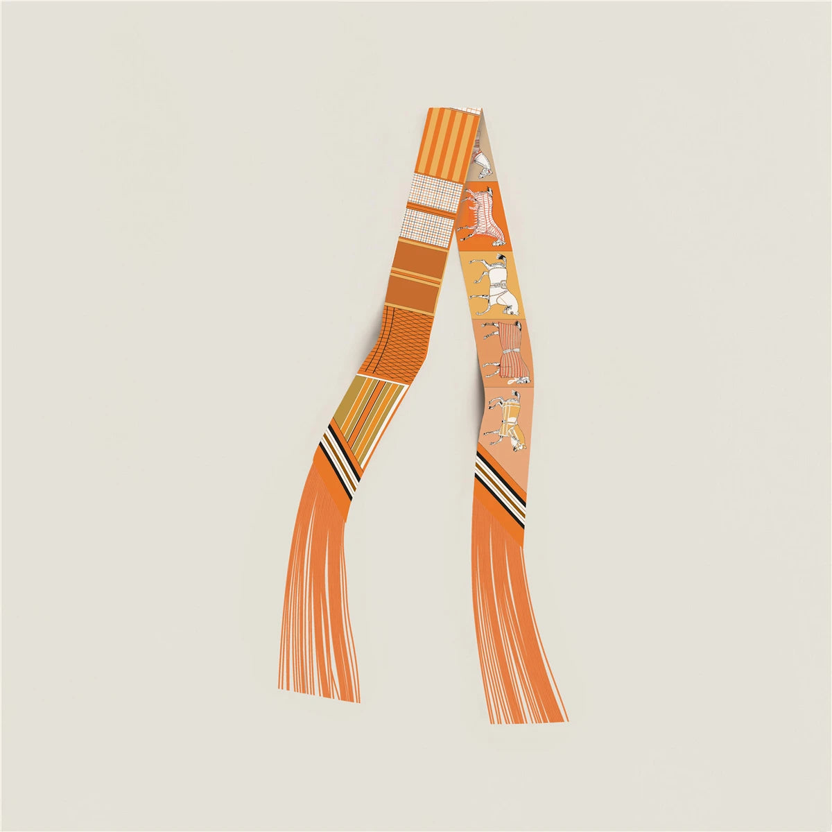 Printed Narrow Ribbon Scarf with Decorative Fringed Ends