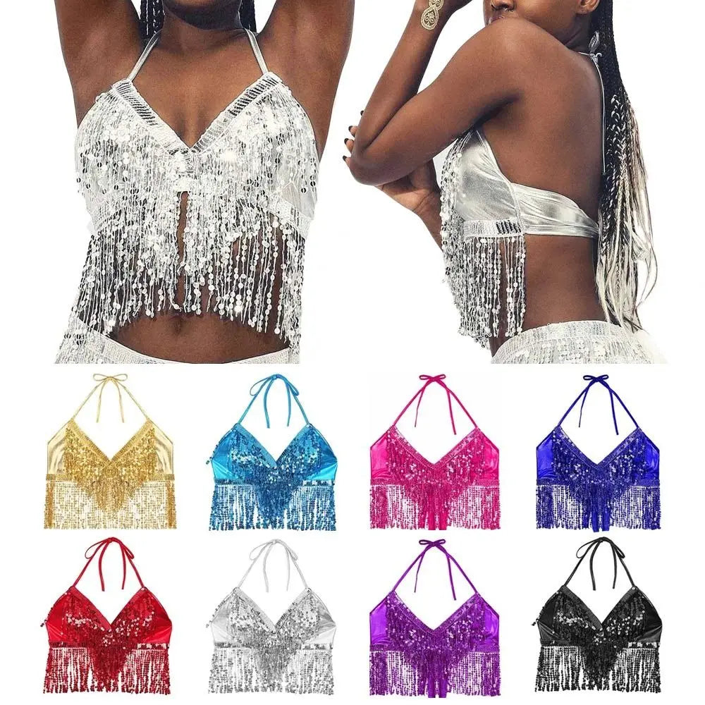 Women's Sequin Fringe Halter Crop Top for Belly Dance Outfits