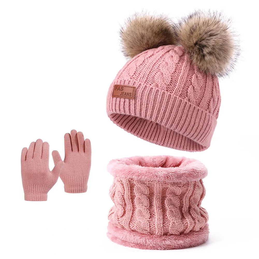 Children's Pom-Pom Knitted Beanie Hat Scarf and Gloves Winter Accessory Set