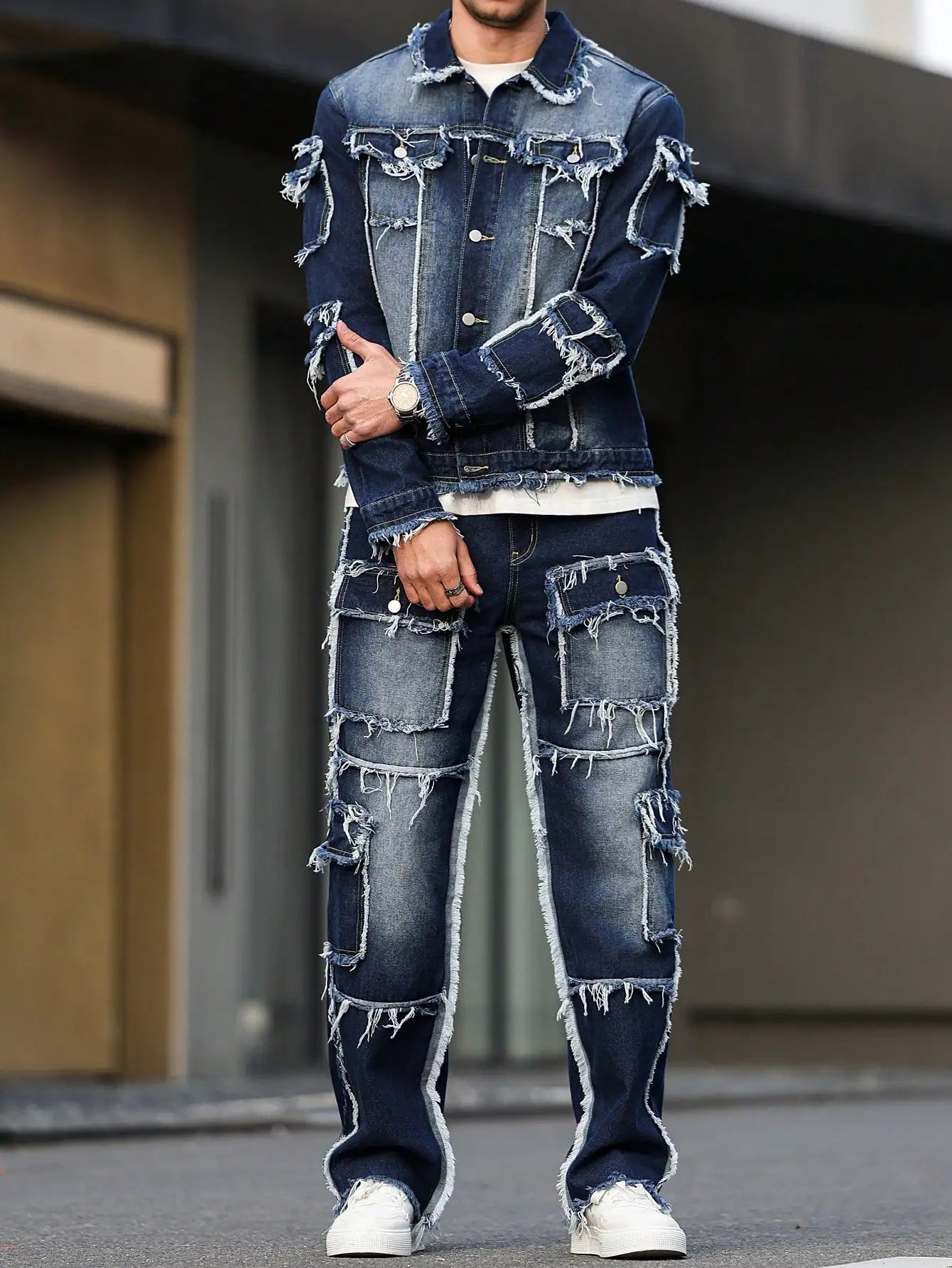Men's Distressed Denim Jacket and Wide-Leg Pants Set