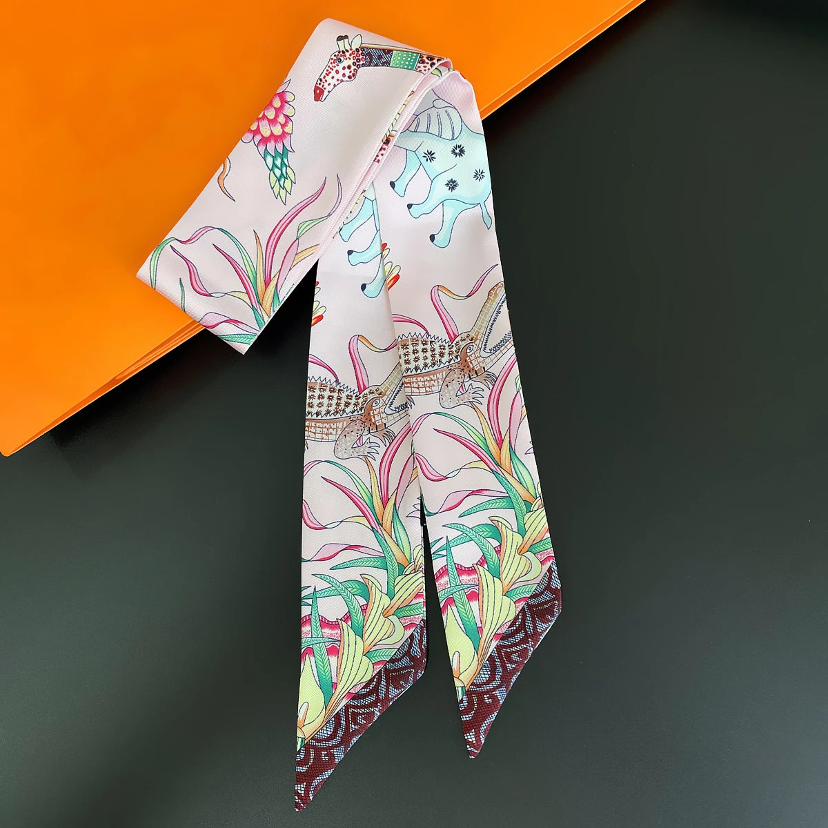 Colorful Printed Skinny Ribbon Scarf with Tie Ends