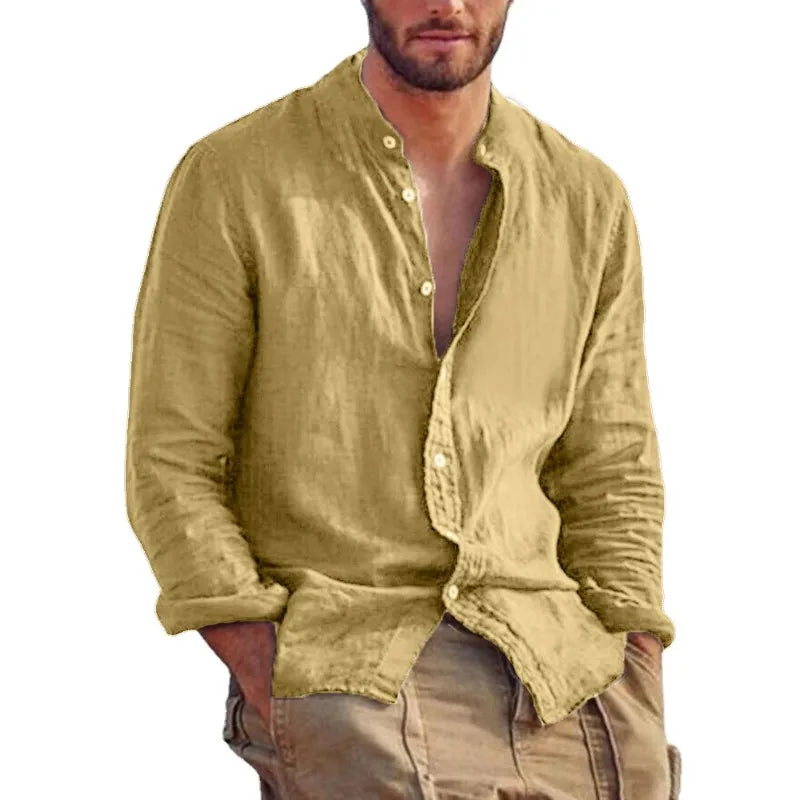 Men's Solid Stand-Collar Long-Sleeve Button-Front Shirt for Casual Everyday Wear and Layering