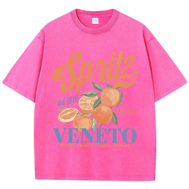 Orange Fruit Printed Washed T-shirt for Men Cotton T-shirt with Holes Round Neck Comfortable Top for Summer Men's Wear