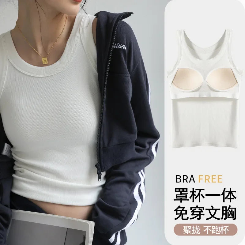Women's Round Neck Ribbed Tank Top with Wide Straps and Padded Bust