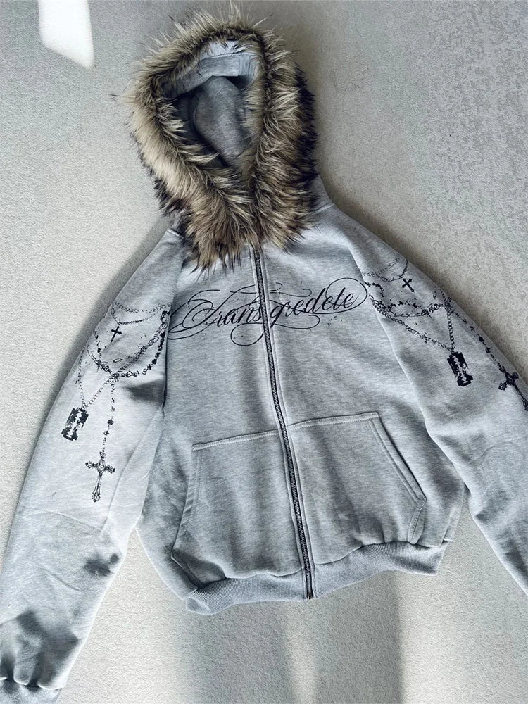 Fluffy Trim Long Sleeve Full Zip Casual Hoodie