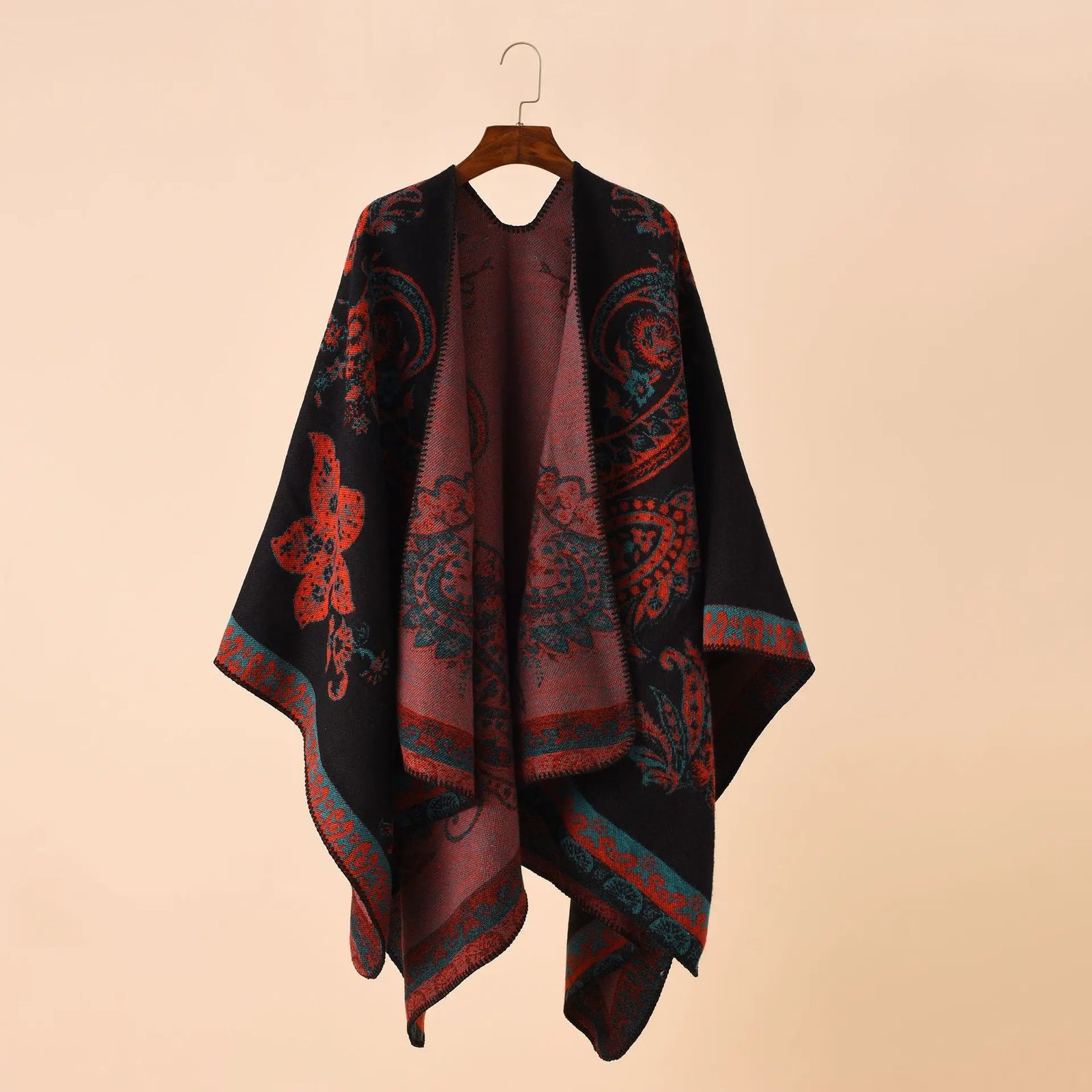 Paisley Border Open Front Poncho for Layering over Outfits