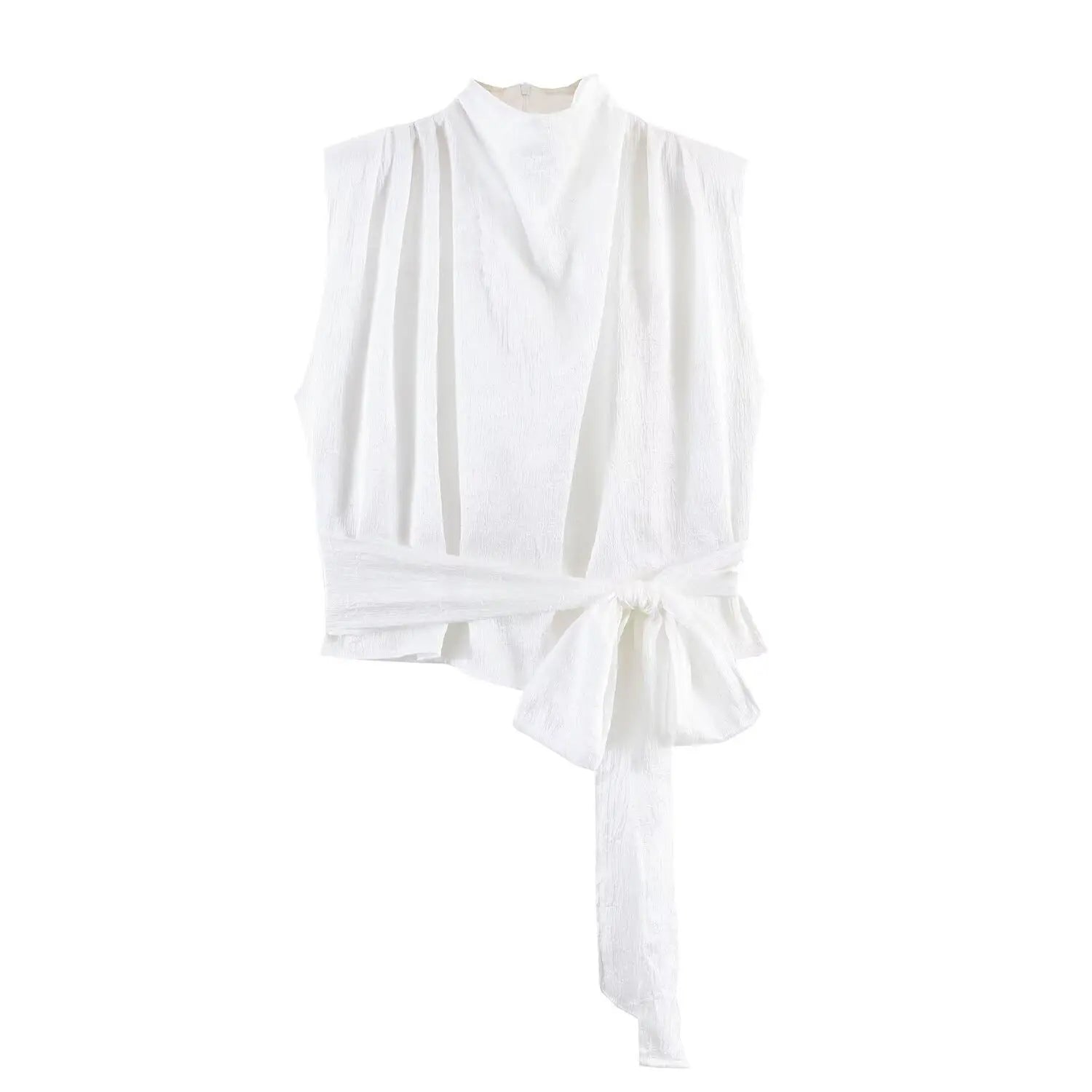 Women's Sleeveless Blouse with a Draped Neckline and Long Ribbon Ties