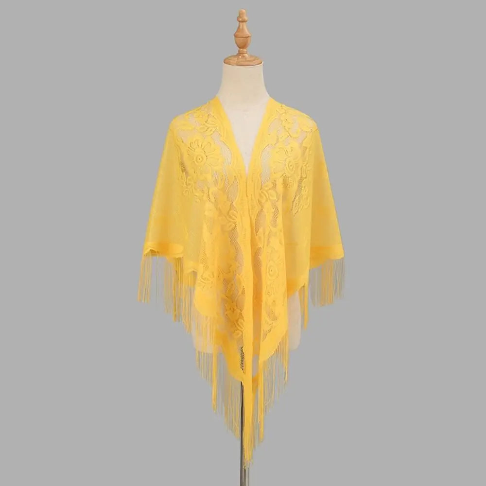 Floral Lace Fringed Wrap Scarf for Layering over Outfits