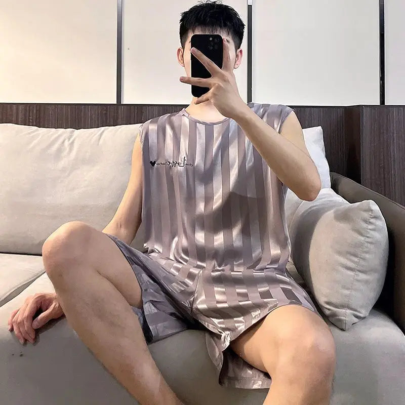 Men's Striped Sleeveless Top and Shorts Pajama Set