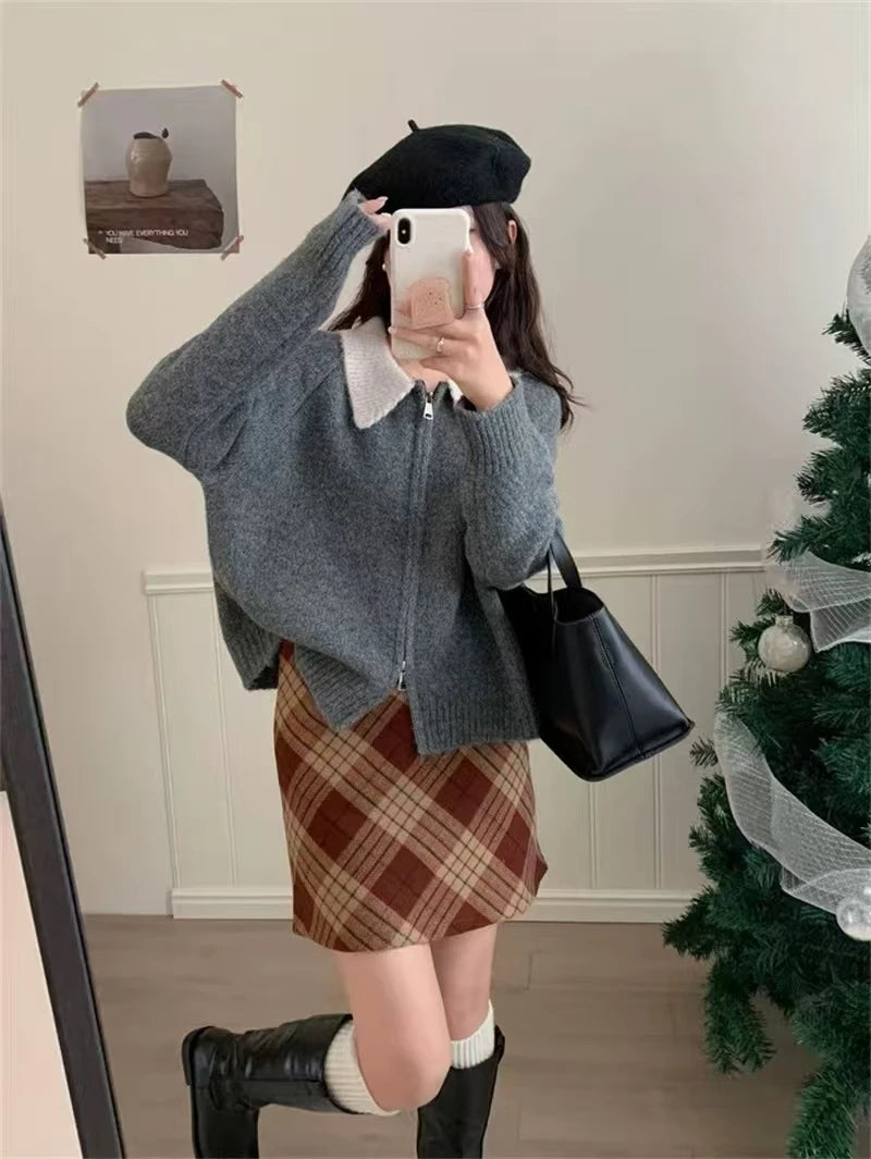 Color-blocked lapel 100% cashmere cardigan women's knitted sweater Loose sweater Wool sweater coat