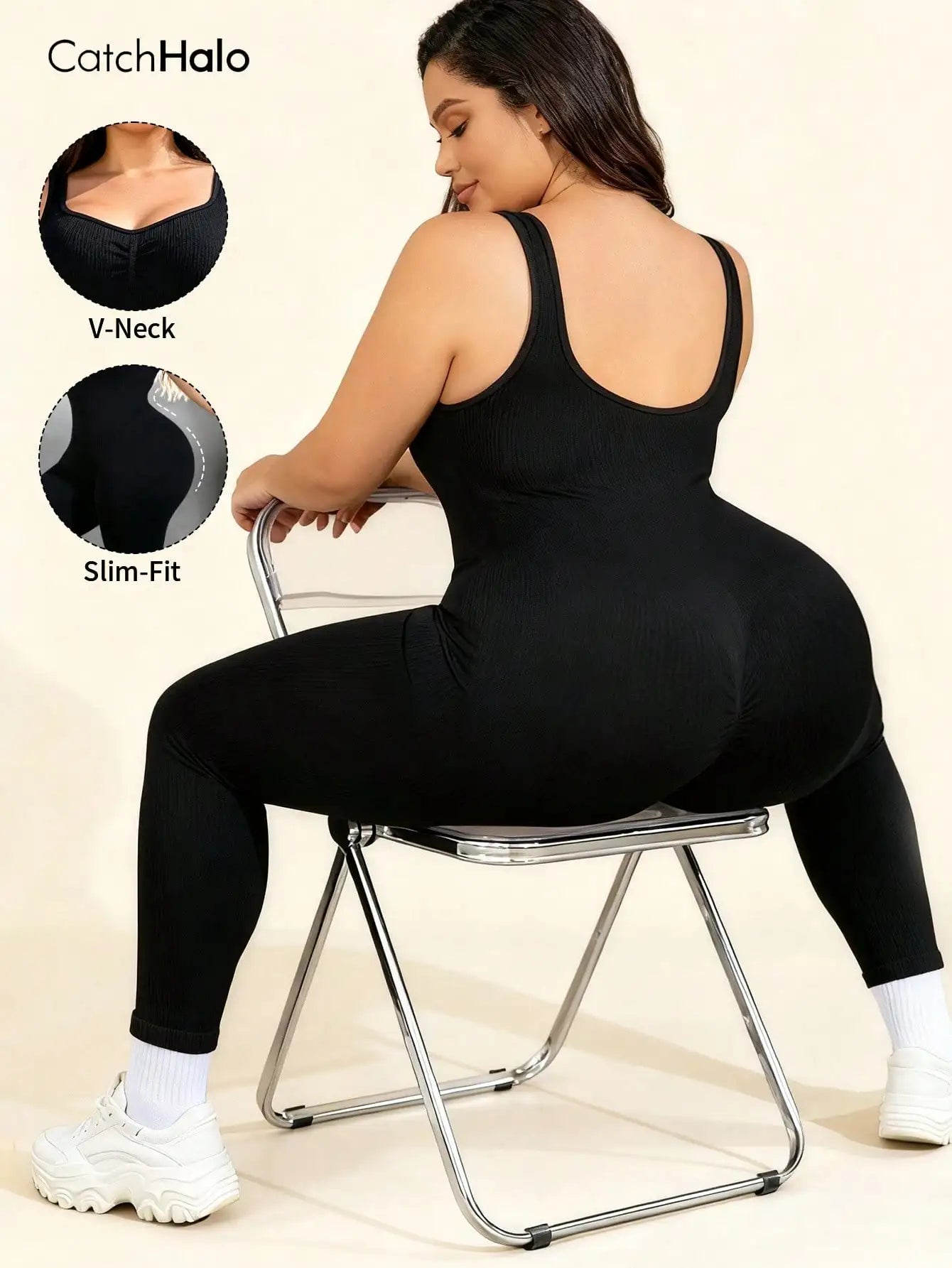Women's Plus Size Nylon Blend Sleeveless Workout Jumpsuit with Open Back