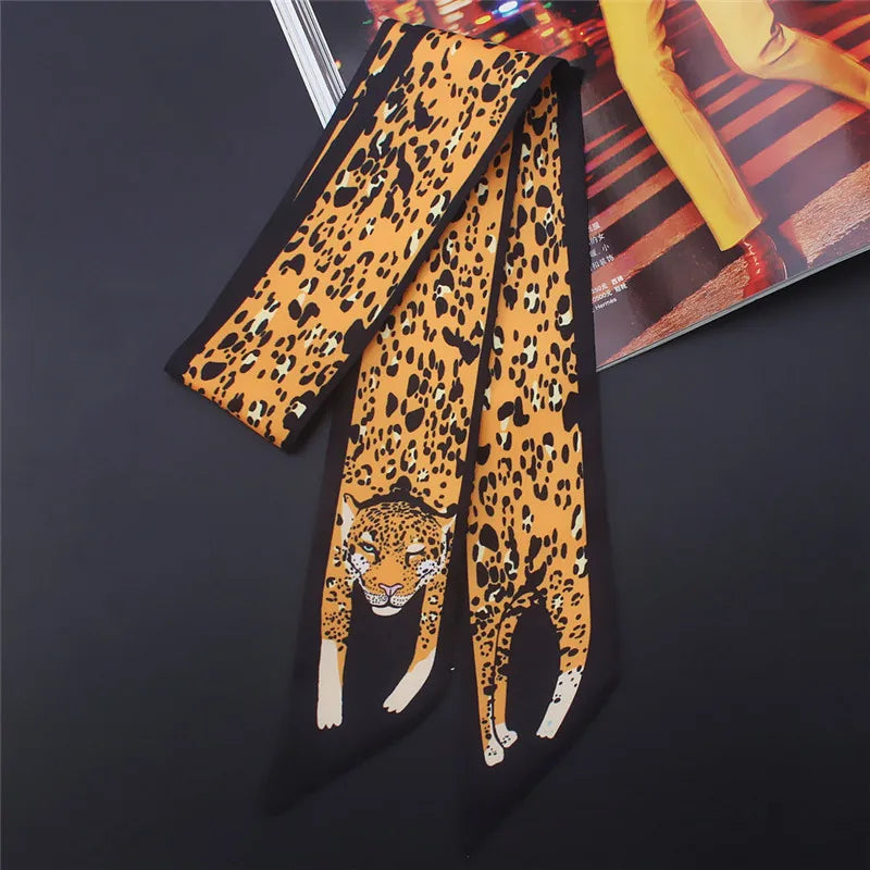 Animal Print Narrow Scarf with Pointed Tie Ends