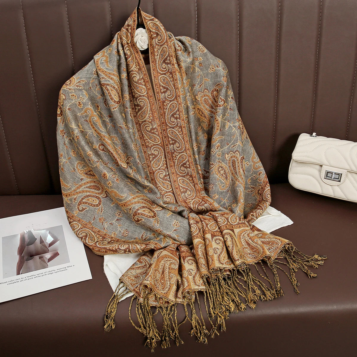 Paisley Floral Print Long Scarf with Fringed Ends