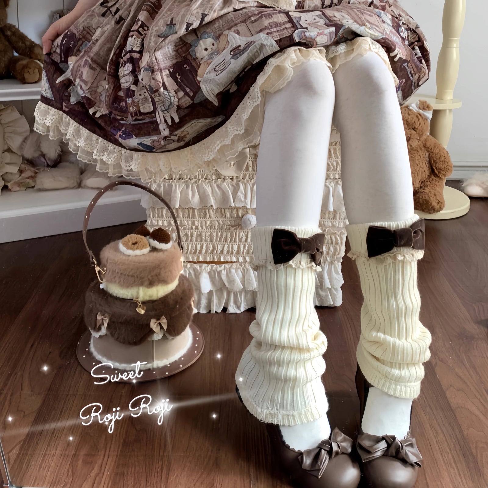 Ribbed Leg Warmers with Decorative Lace and Bow Trim