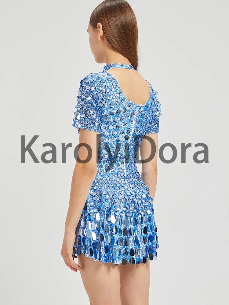 Women's Disc Sequin Mini Dance Dress with Short Sleeves and High Neck