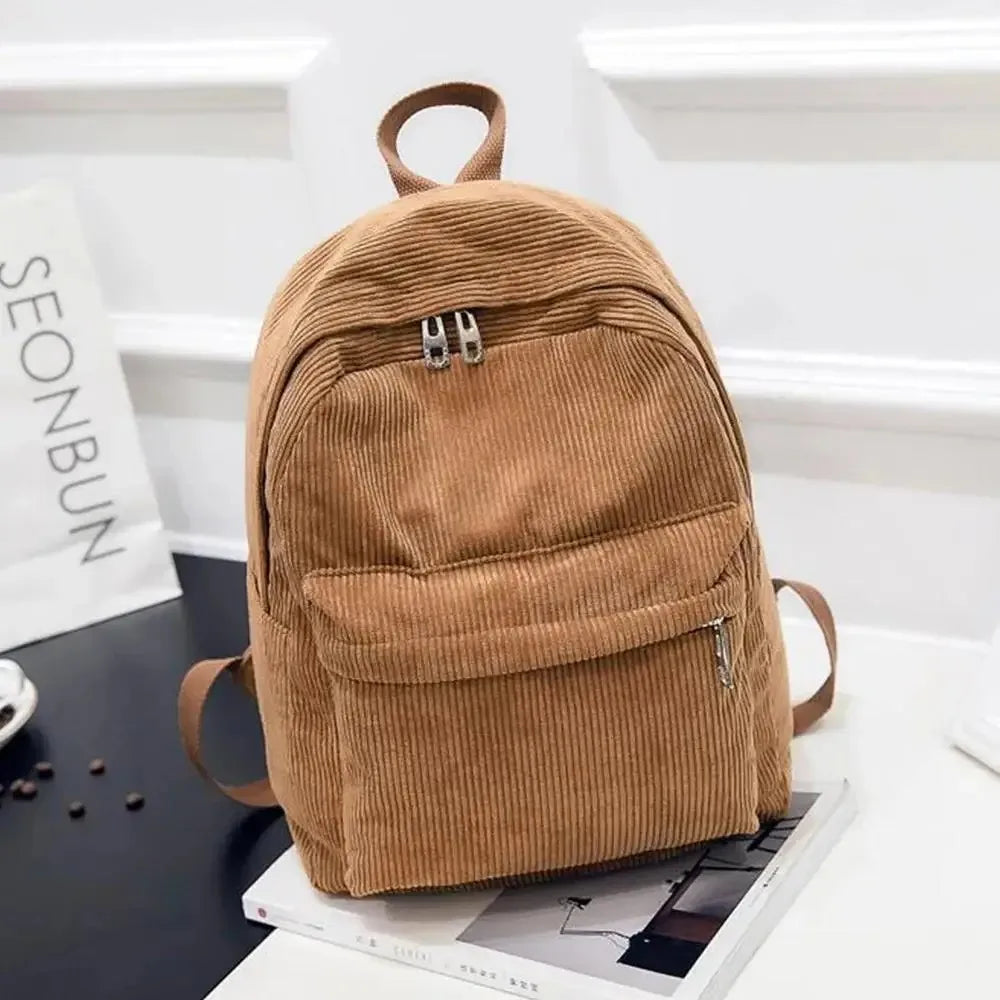 Casual Corduroy Backpack with Front Pocket and Twin Shoulder Carry Straps