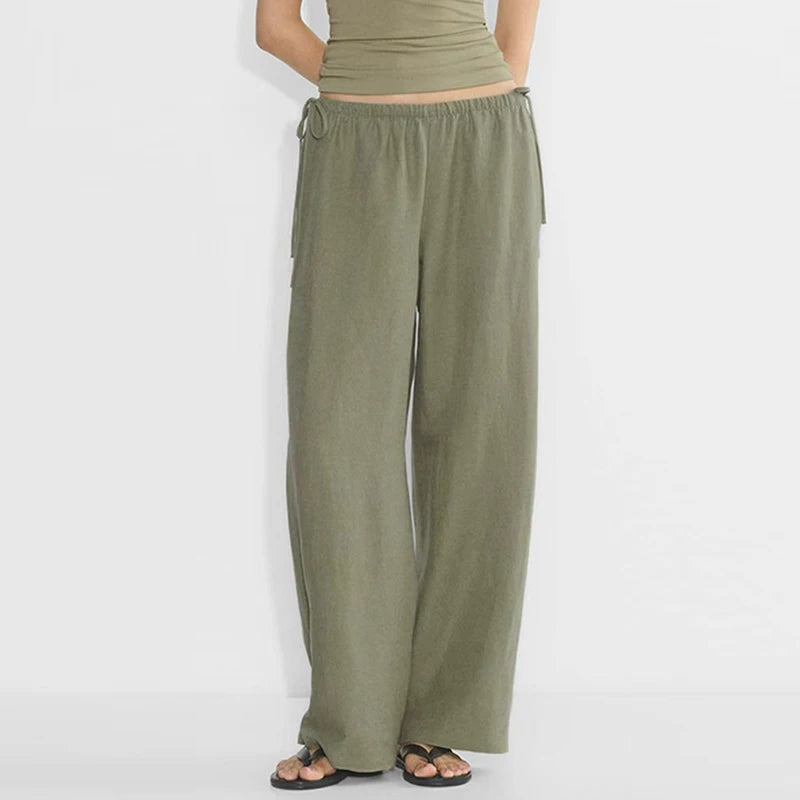Women's Linen-Viscose Loose Straight-Leg Full-Length Pants with Drawstring Waist and Side Pockets