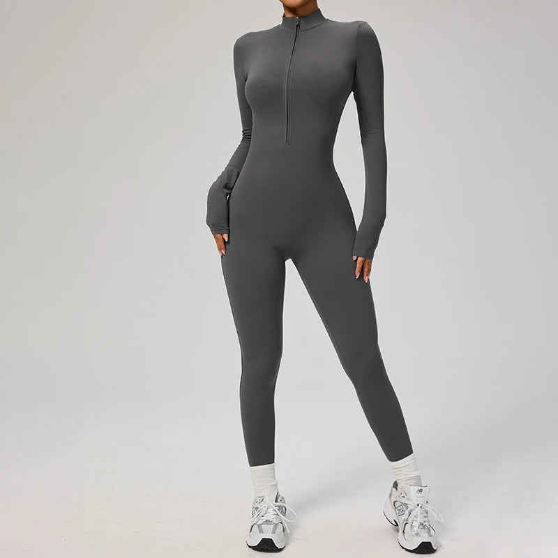 Women's Long Sleeve Nylon Blend Workout Jumpsuit with Zip Front Collar