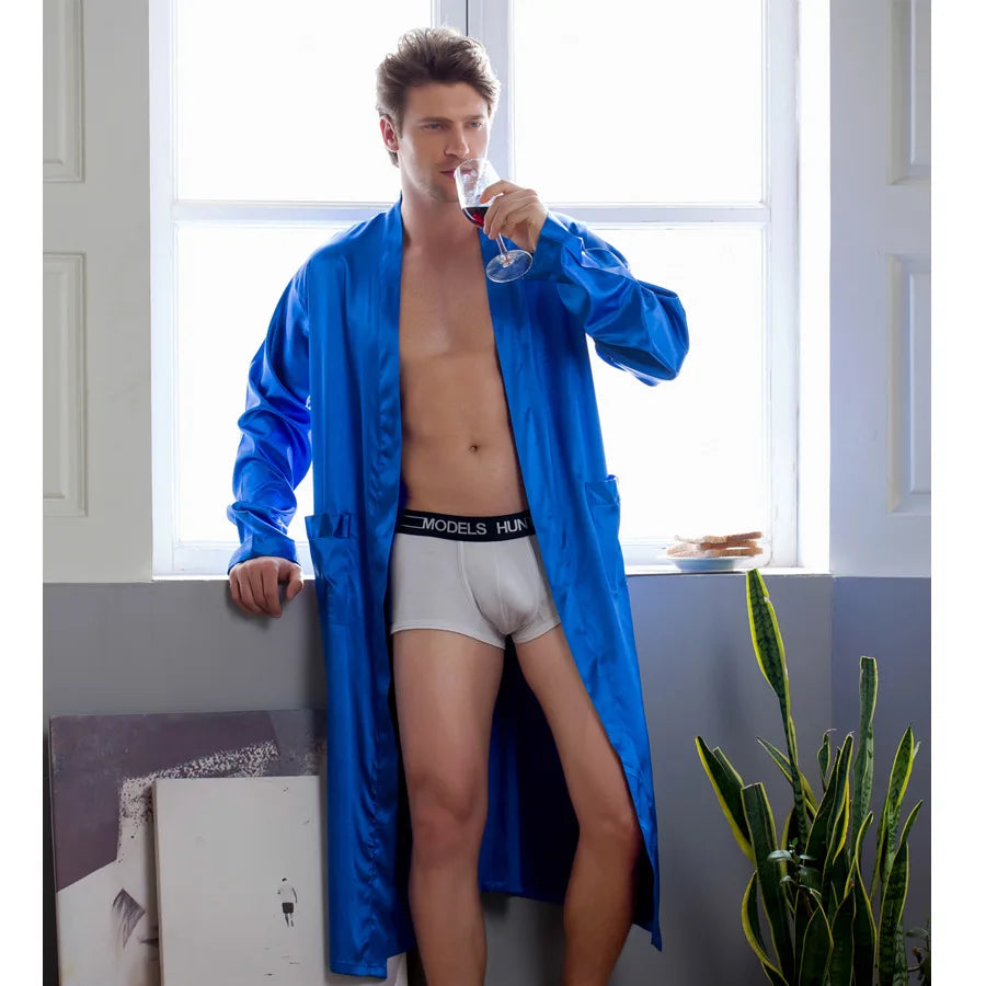 Men's Solid Satin Long Sleeve Tie Waist Bathrobe with Pockets