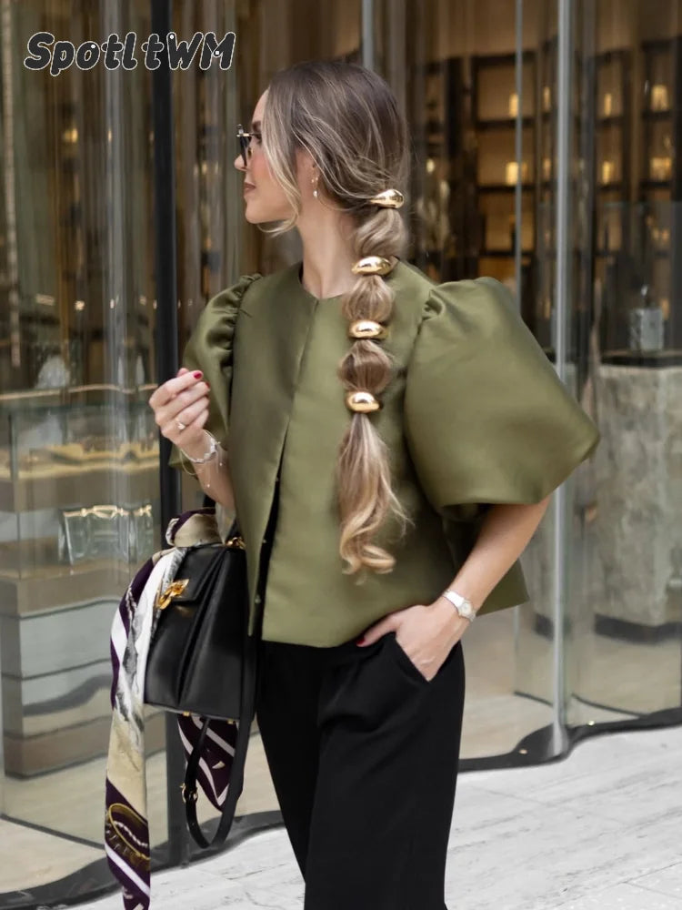 Women's Round Neck Puff Sleeve Cropped Blouse