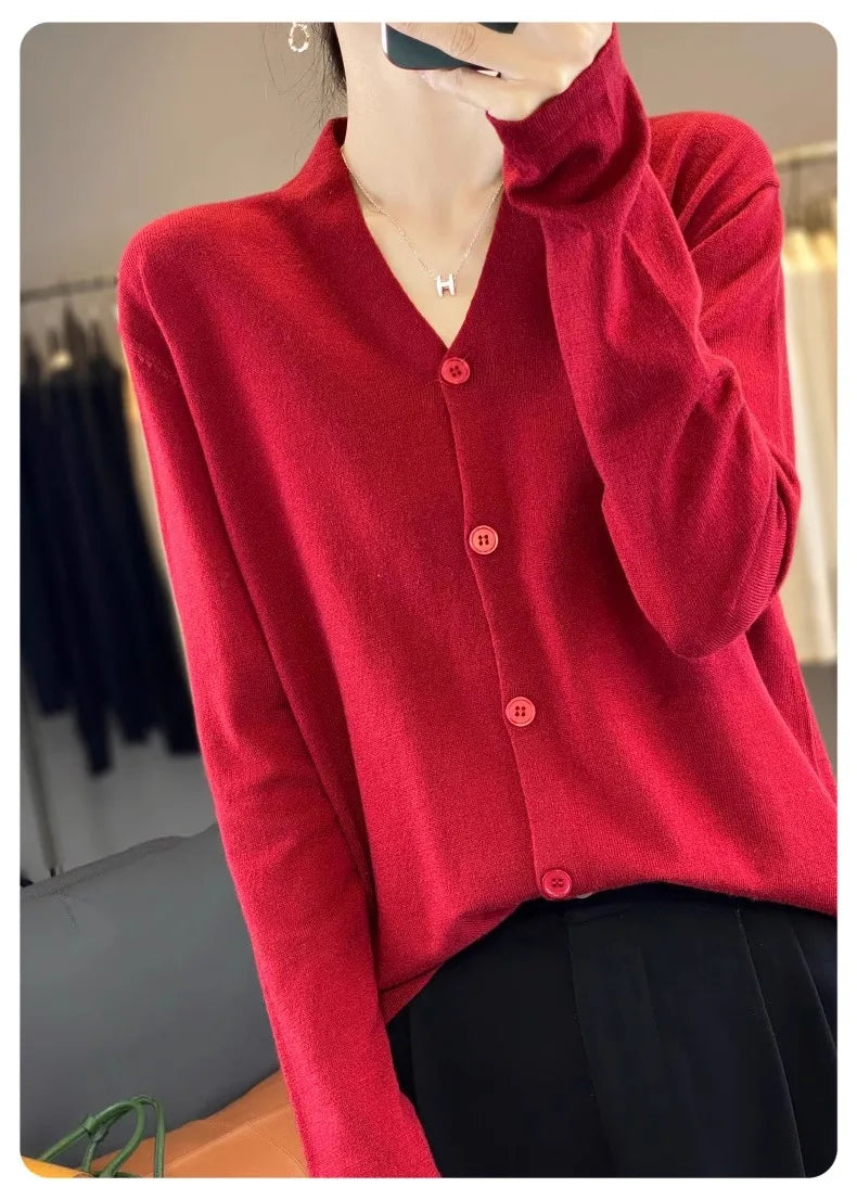 Light luxury retro style! V-neck pure cashmere knit cardigan women's autumn and winter loose wool top bottom sweater coat
