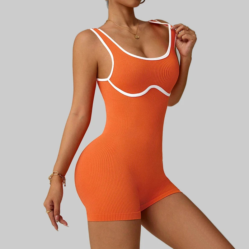 Women's Ribbed Nylon Blend Workout Romper with Contrast Trim and Scoop Neck