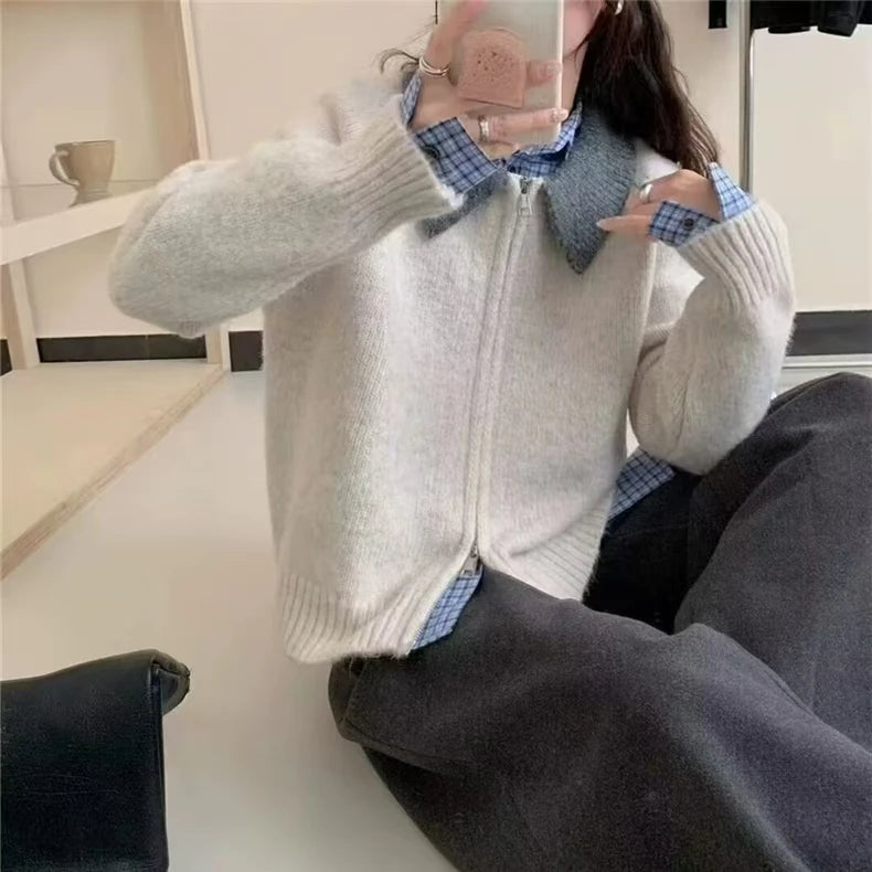 Color-blocked lapel 100% cashmere cardigan women's knitted sweater Loose sweater Wool sweater coat