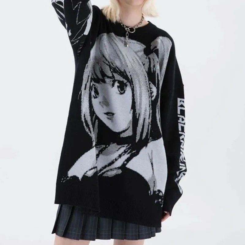 Women's Anime Graphic Oversized Crew Neck Sweater Casual Knit Layer