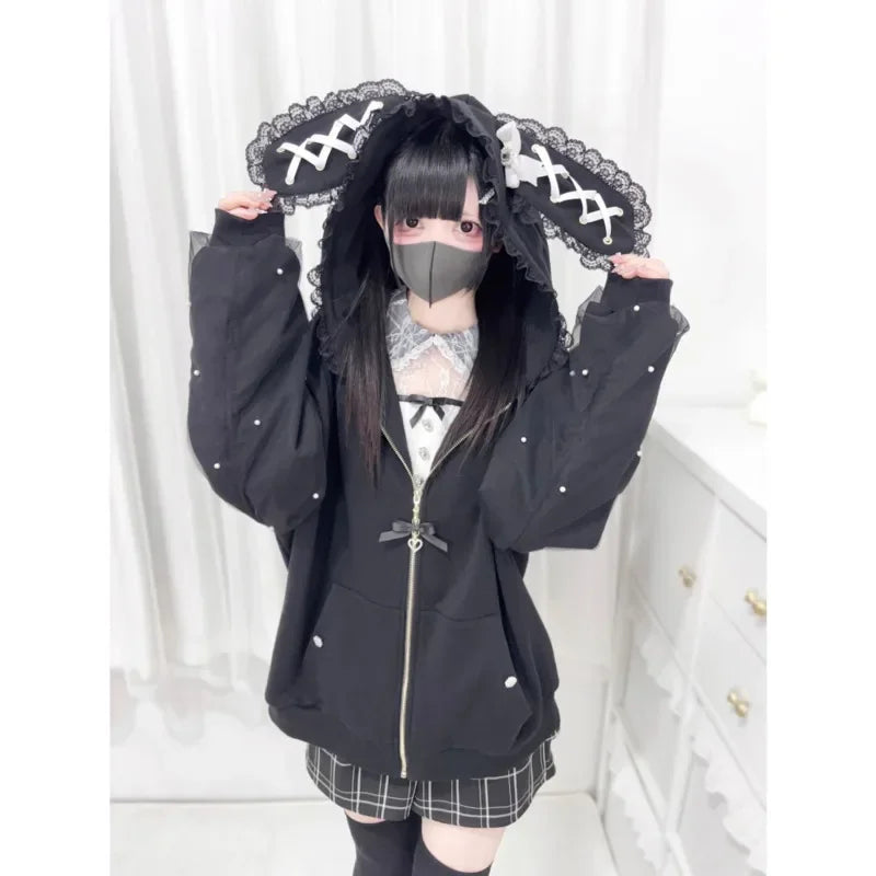 Rabbit Ear Long Sleeve Full Zip Casual Hoodie