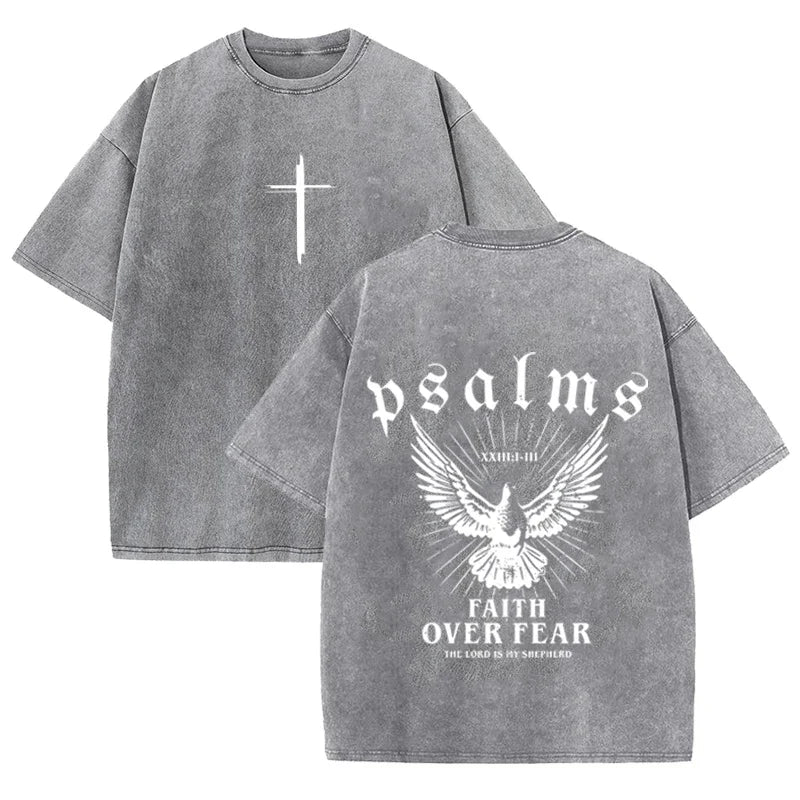 Retro Faith Over Fear T Shirt Psalms Dove Print Casual Washed Religious Streetwear