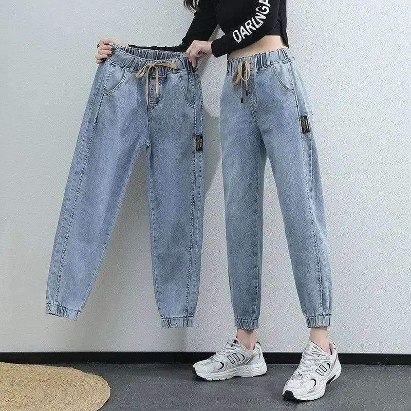 Women's Drawstring Elastic Waist Cropped Cuffed Denim Jeans