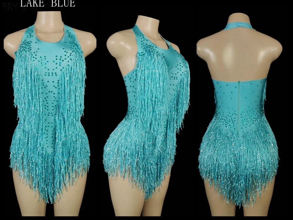 Women's Rhinestone Fringe Halter Dance Bodysuit for Stage Costume Outfits
