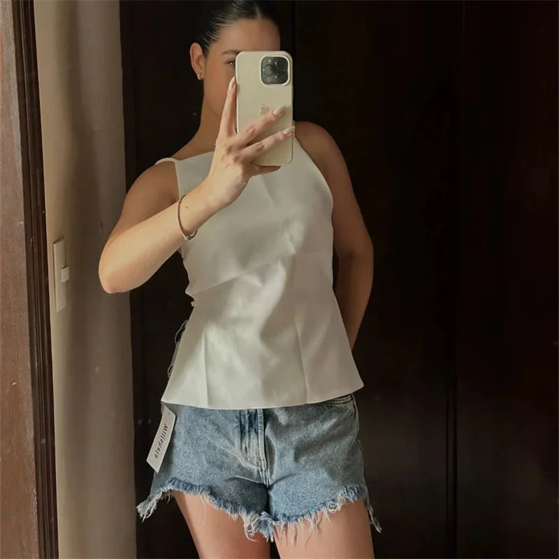 Women's Solid Polyester Camisole with Thin Straps and a Straight Neckline