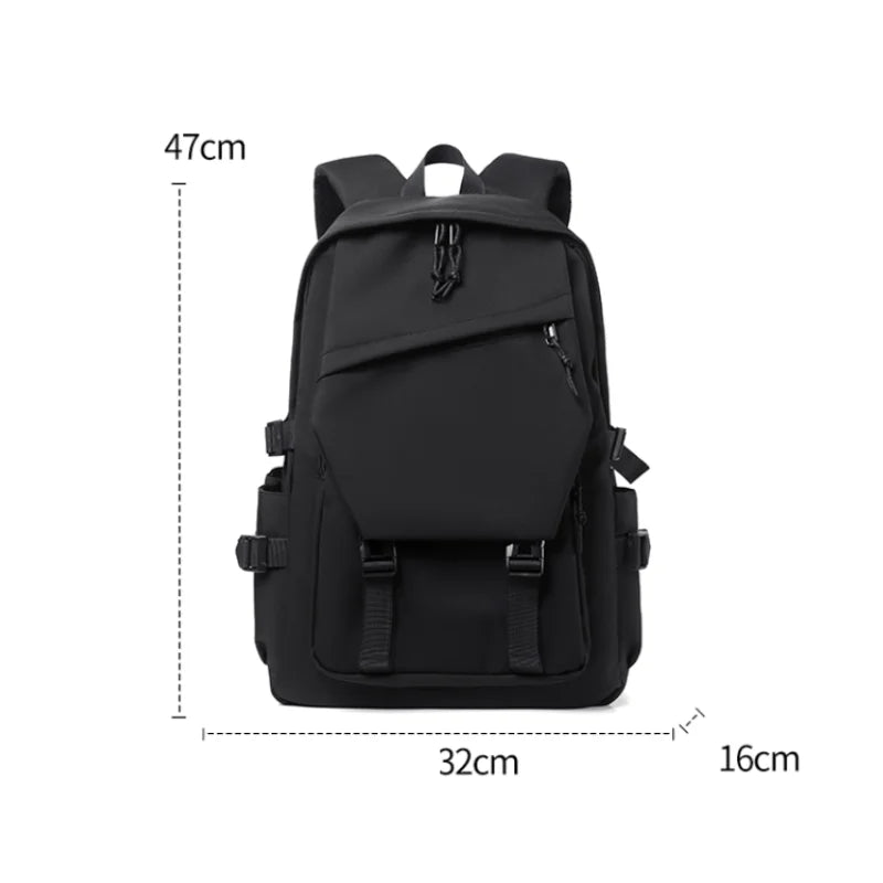 Plain Laptop Backpack with Front Pockets and Side Buckle Strap Details