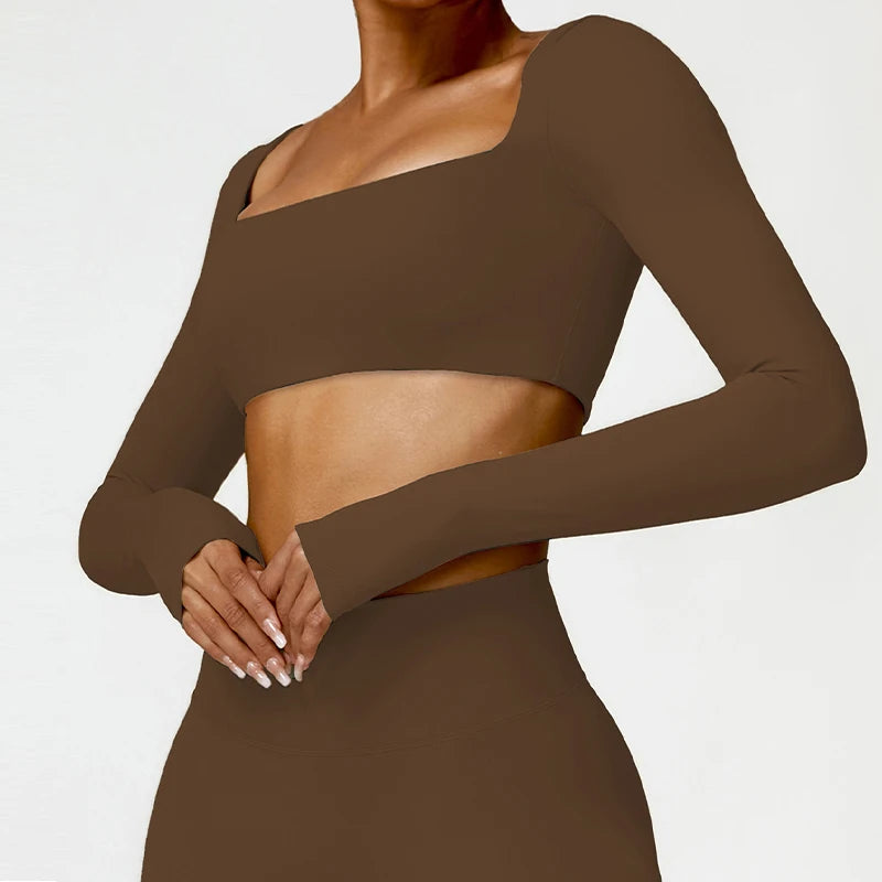 Women's Square Neck Long Sleeve Crop Top For Workout Outfits