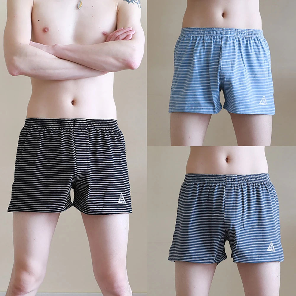 Men's Striped Elastic Waist Boxer Style Sleep Shorts
