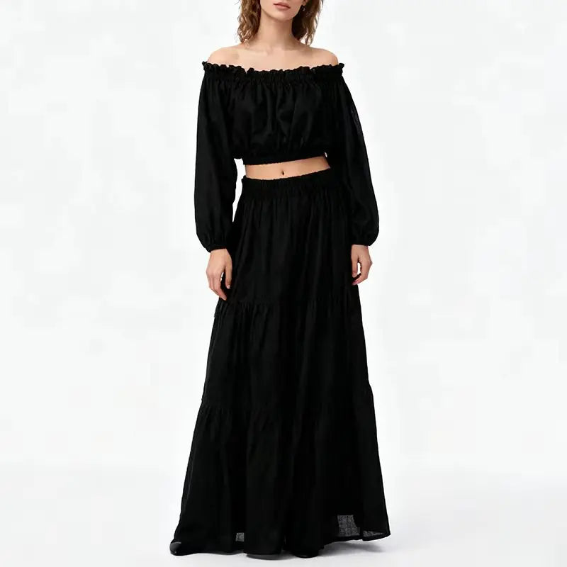 Women's Cotton-Linen Off-Shoulder Top and Tiered Maxi Skirt Set with Tie Details
