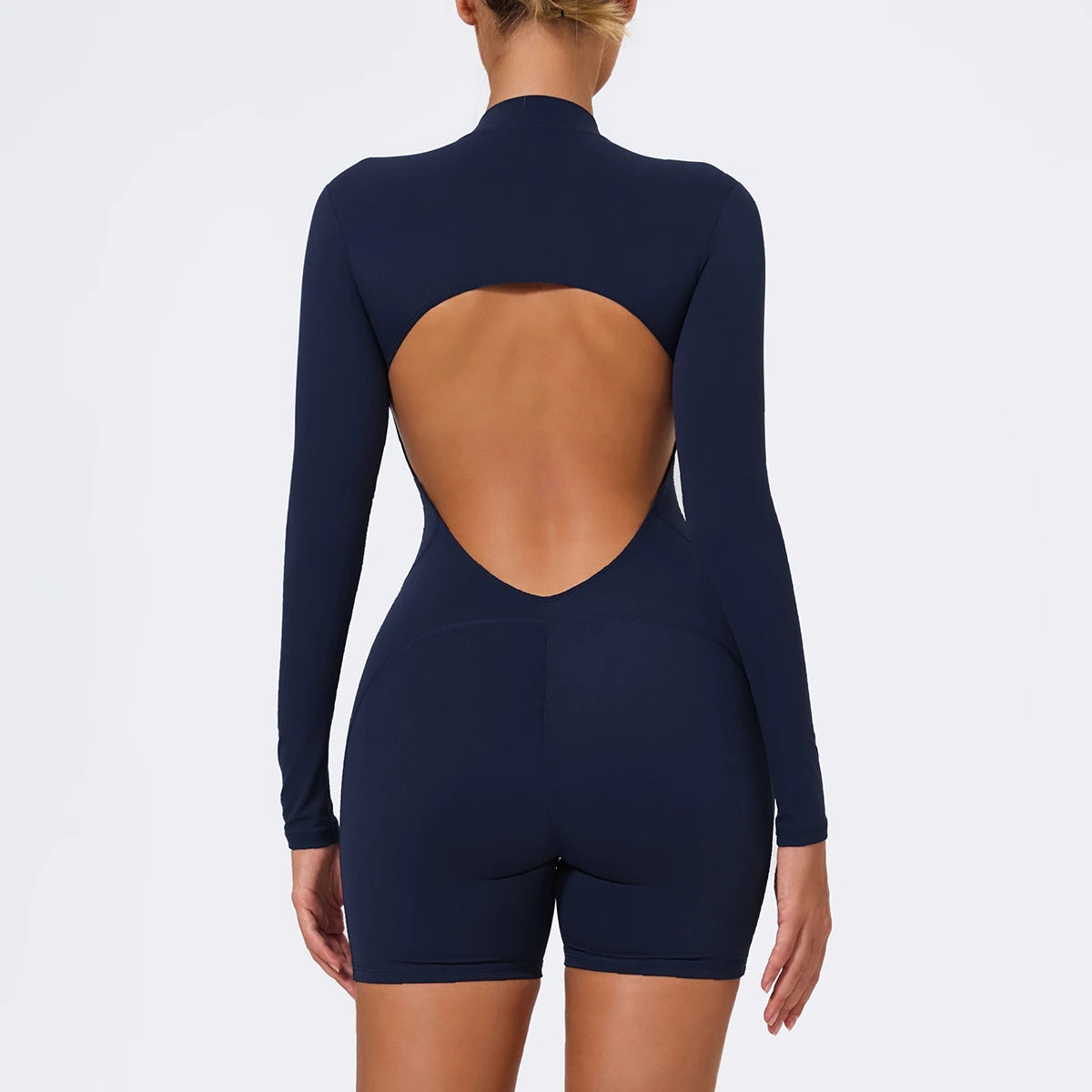 Women's Long Sleeve Nylon Blend Workout Romper with Zipper and Open Back