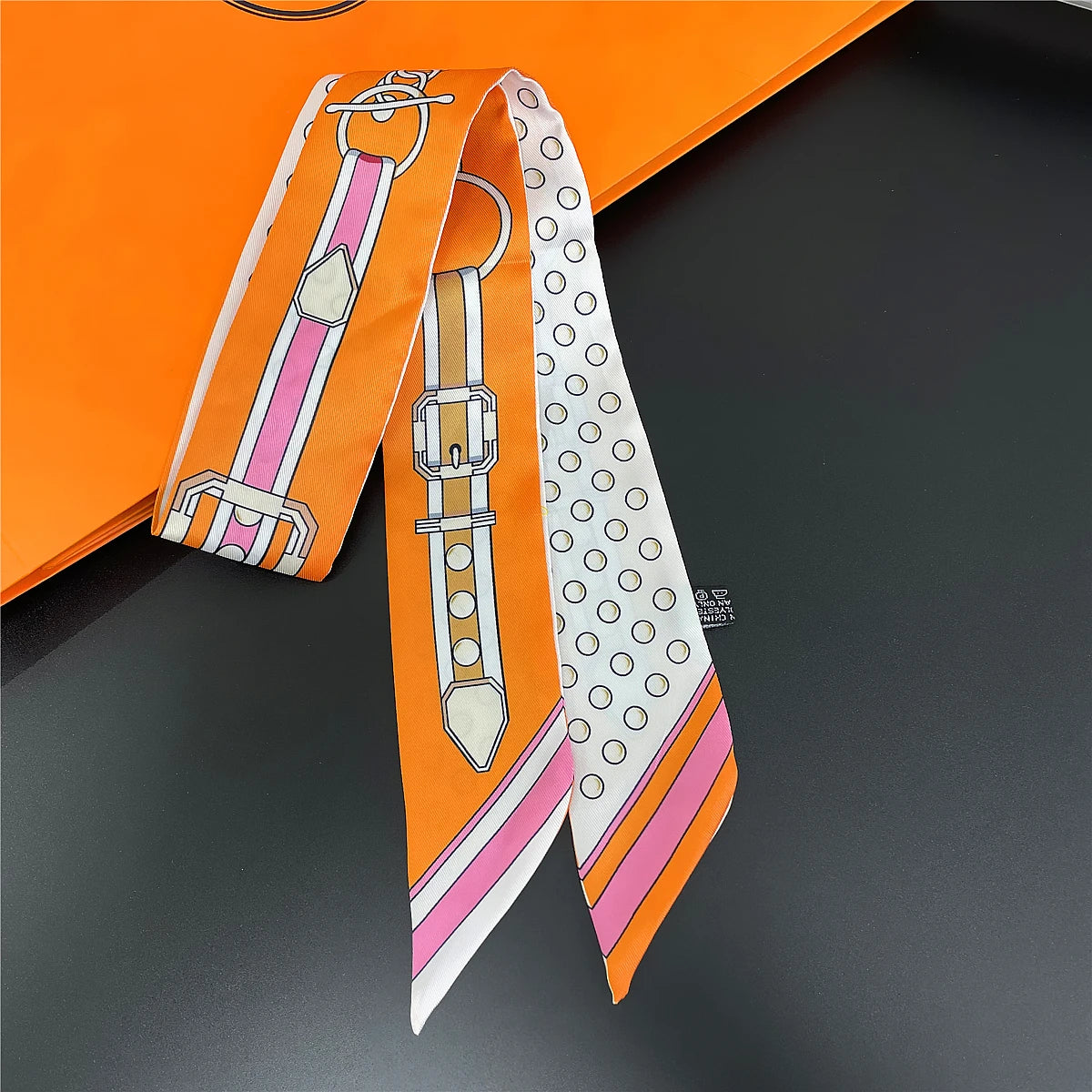 Colorful Printed Skinny Ribbon Scarf with Tie Ends