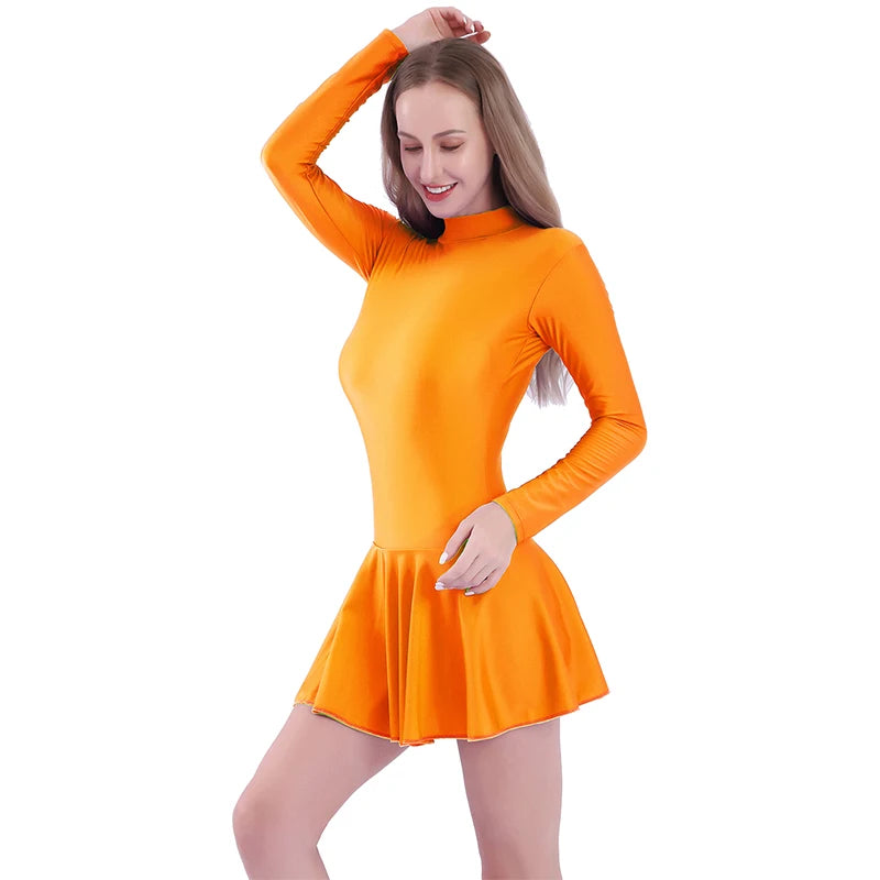 Women's Long Sleeve Skirted Ballet Leotard with Round Neck and Back Zipper