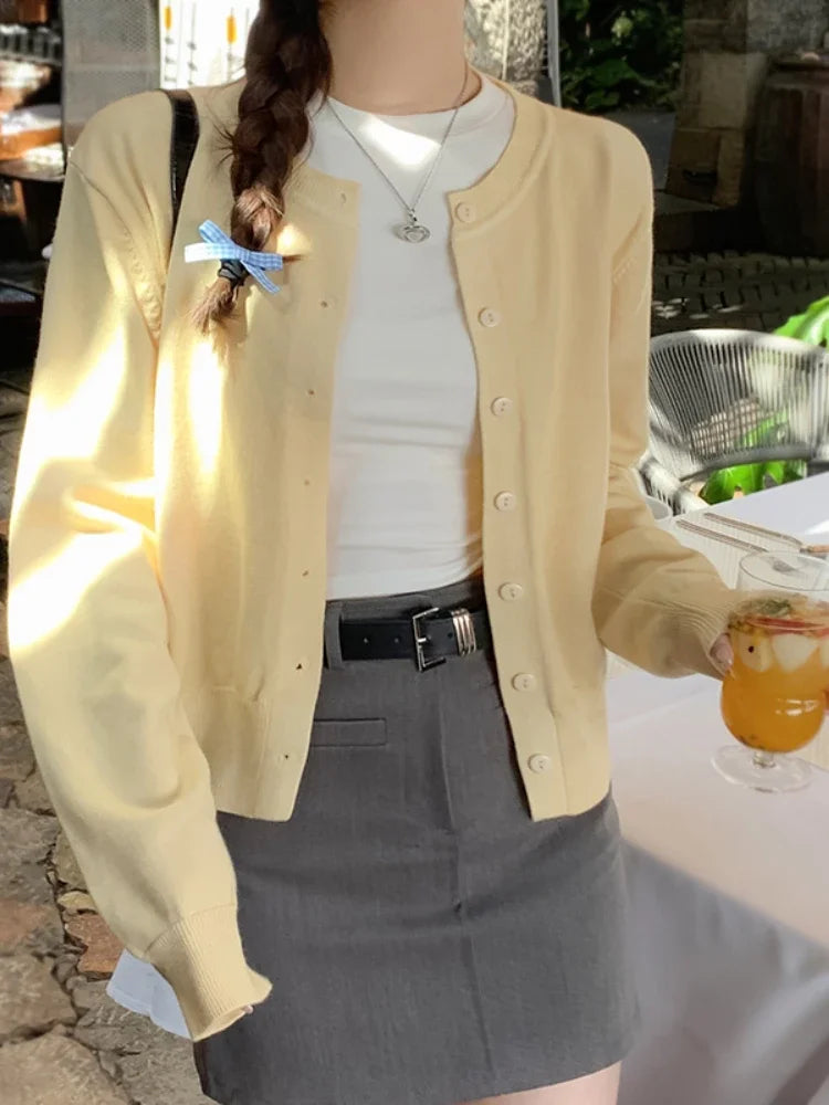 Women's Cotton-Polyester Solid Long-Sleeve Crewneck Button-Front Knit Cardigan for Everyday Layered Outfits