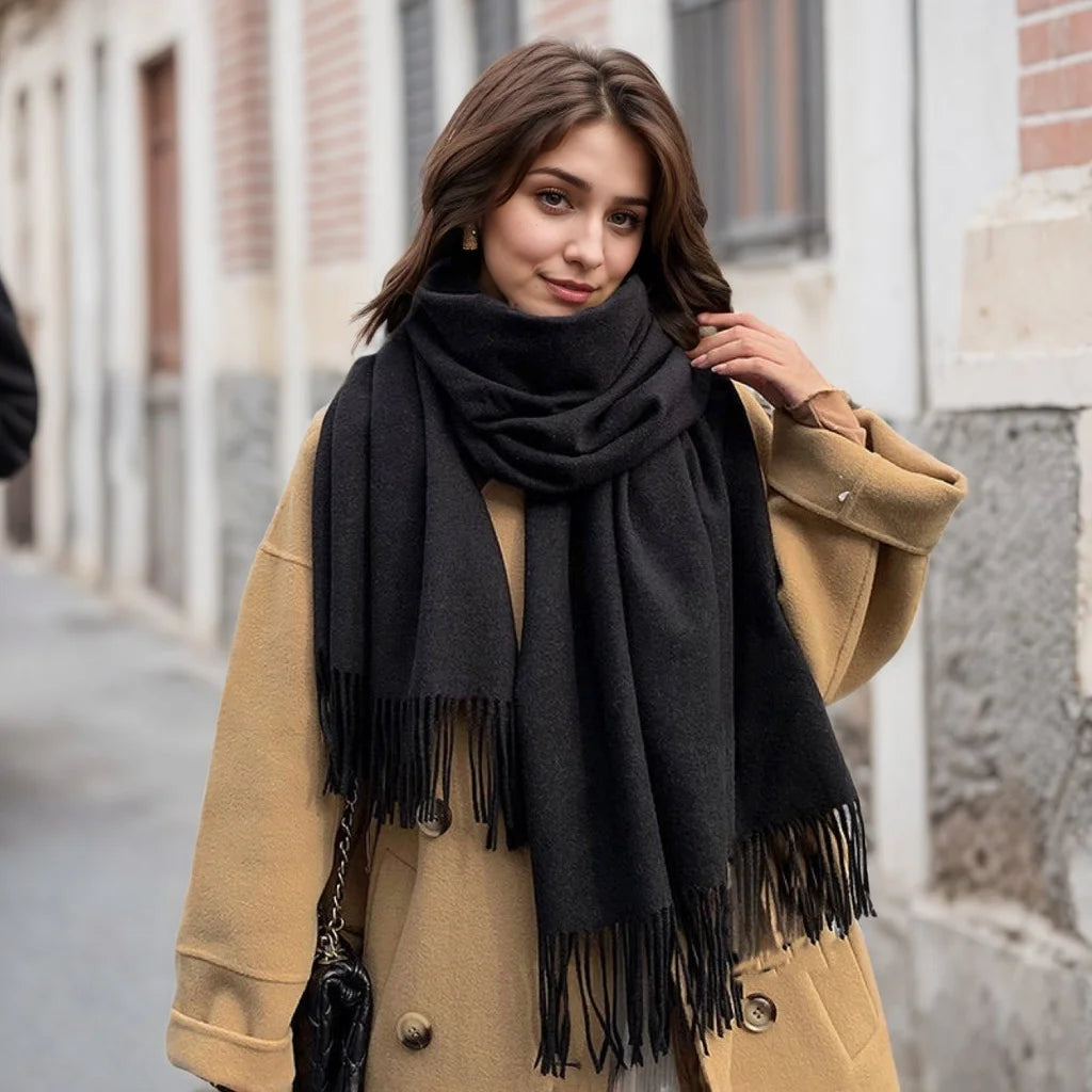 Solid Long Fringed Scarf for Draped Wrap Styling