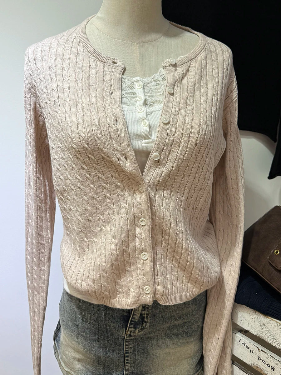 Women's Round Neck Button Front Cardigan Casual Knit Layer