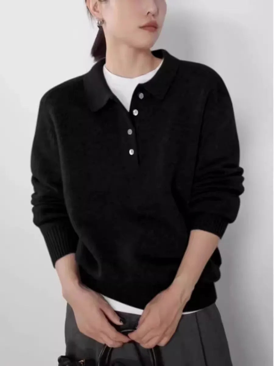 Elegant POLO semi-open neck 100%wool knitted sweater women loose long-sleeved base sweater autumn and winter