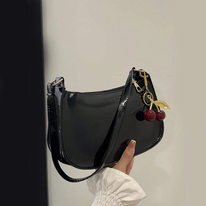 Solid Shoulder Handbag with Decorative Cherry Pendant Detail