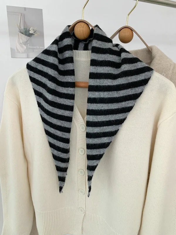 Striped Triangle Knit Scarf with Tieable Pointed Ends