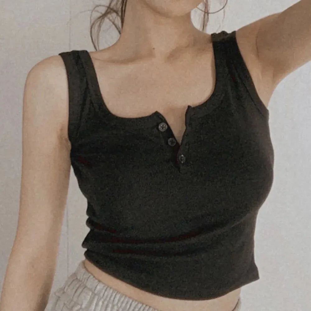 Women's Ribbed Tank Top with Button Front and a Sleeveless Design