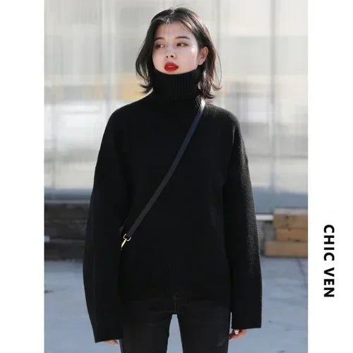 Women's Oversized Roll Neck Long Sleeve Sweater Casual Knit Layer
